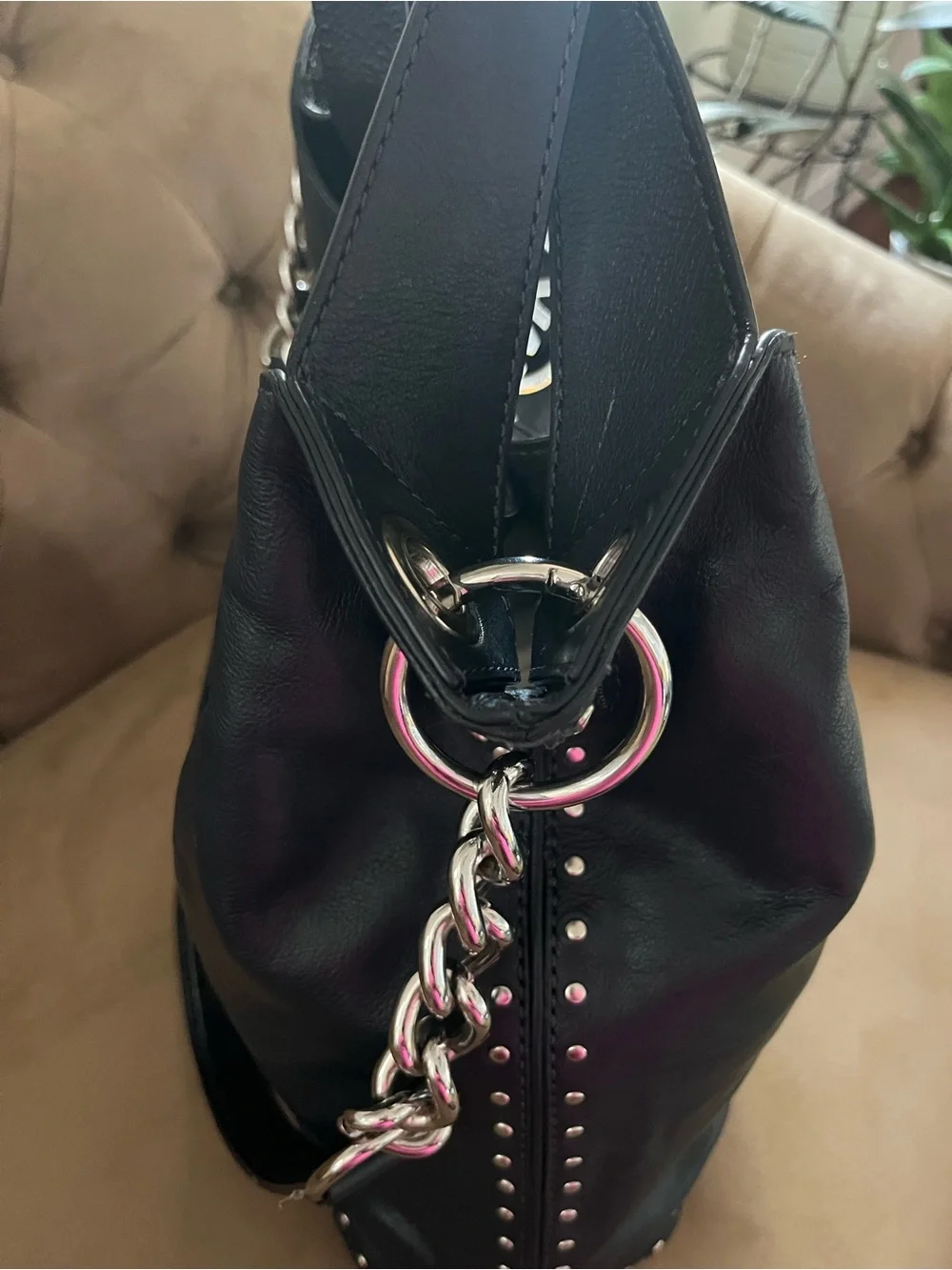 Michael Kors Navy Leather Studded Hobo Shoulder Bag with MK Charm